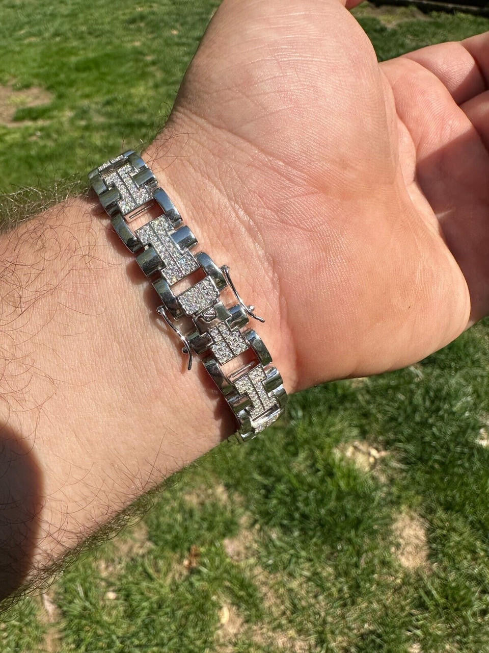 HarlemBling MOISSANITE Mens 12mm Iced Hermes Link Bracelet Real 925 Sterling Silver Hip Hop