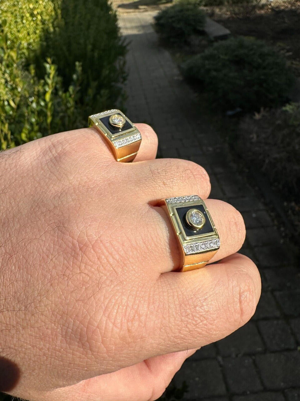 HarlemBling Moissanite Men's 14k Gold Plated 925 Silver Iced Black Onyx Ring Diamond Test 