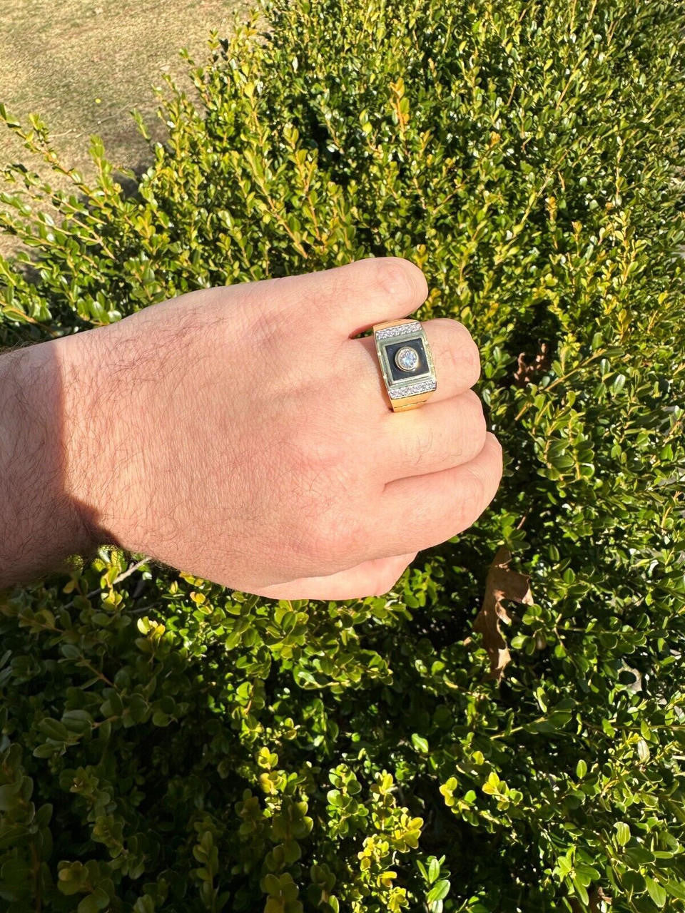 HarlemBling Moissanite Men's 14k Gold Plated 925 Silver Iced Black Onyx Ring Diamond Test 