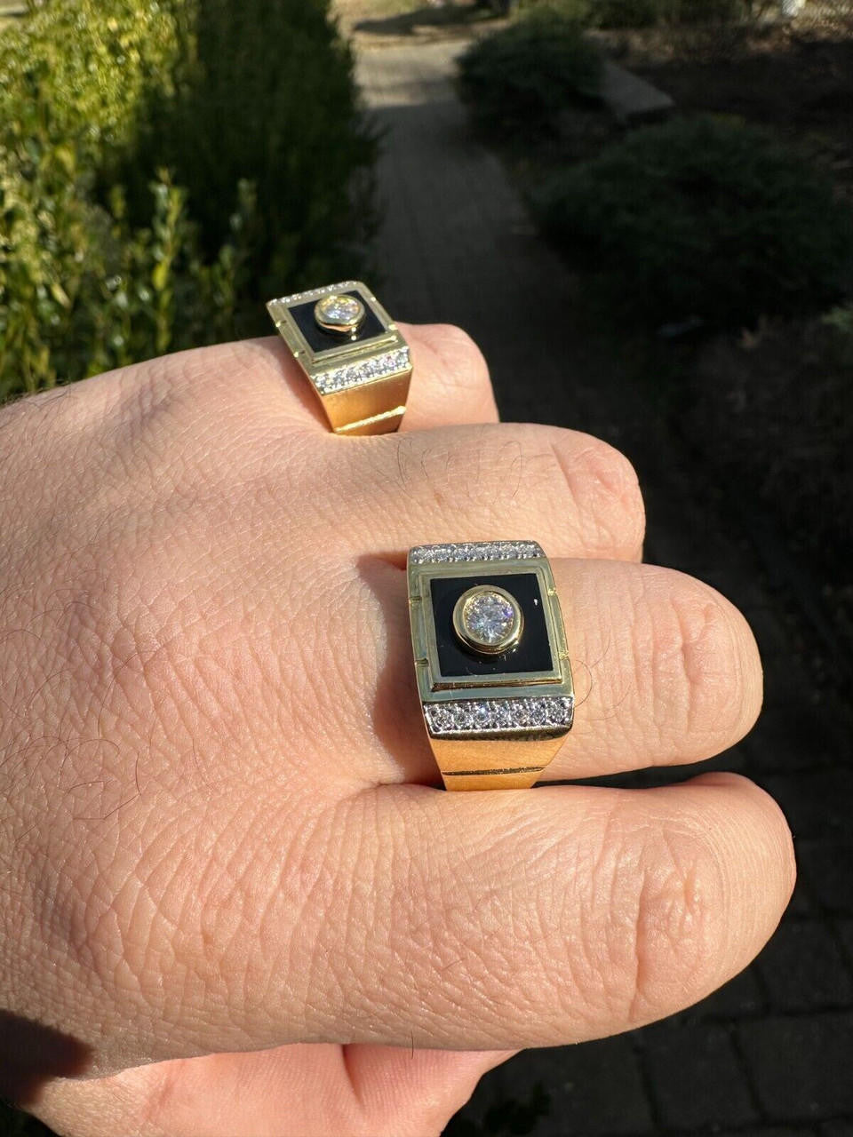 HarlemBling Moissanite Men's 14k Gold Plated 925 Silver Iced Black Onyx Ring Diamond Test 