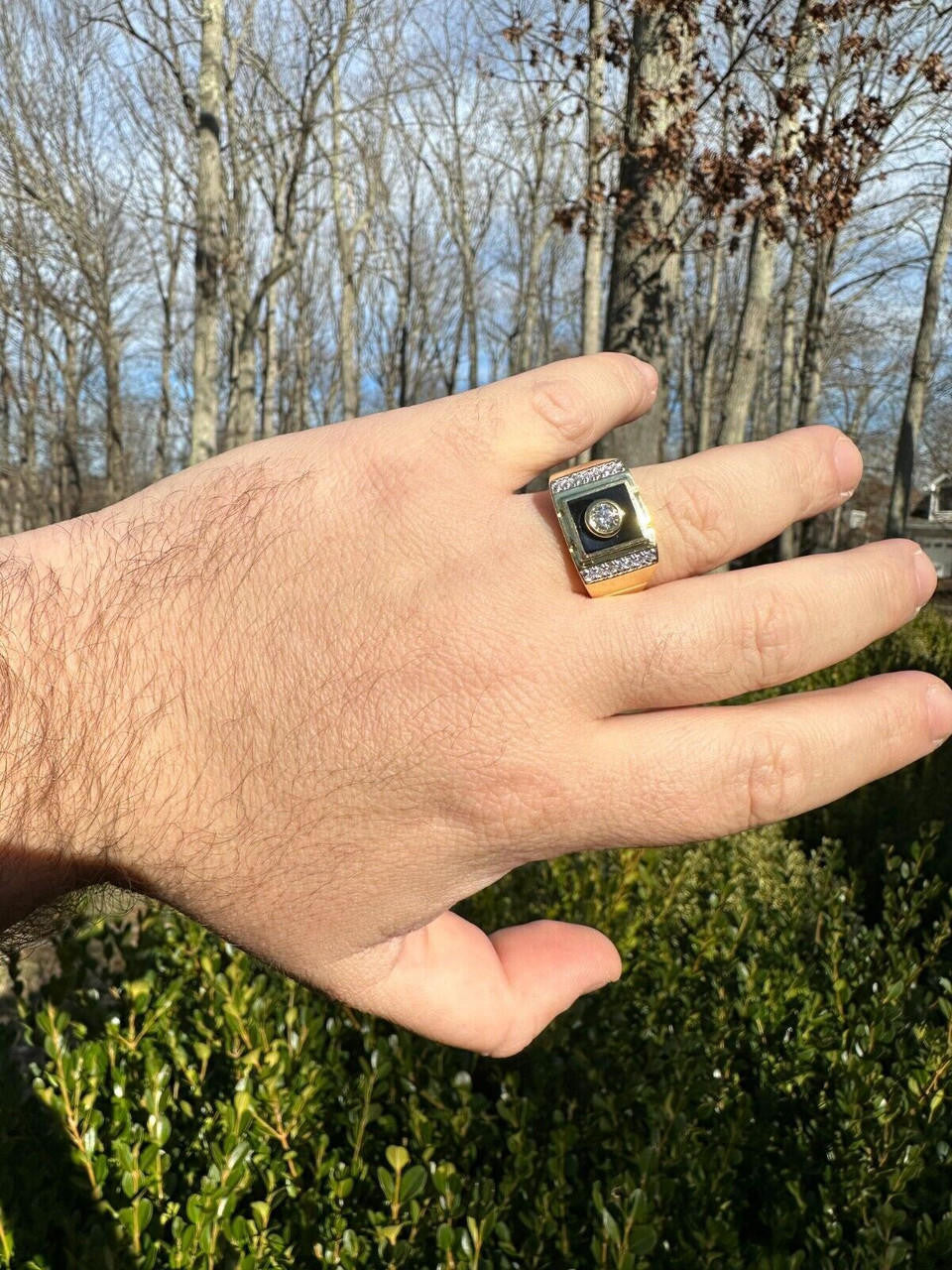 HarlemBling Moissanite Men's 14k Gold Plated 925 Silver Iced Black Onyx Ring Diamond Test 