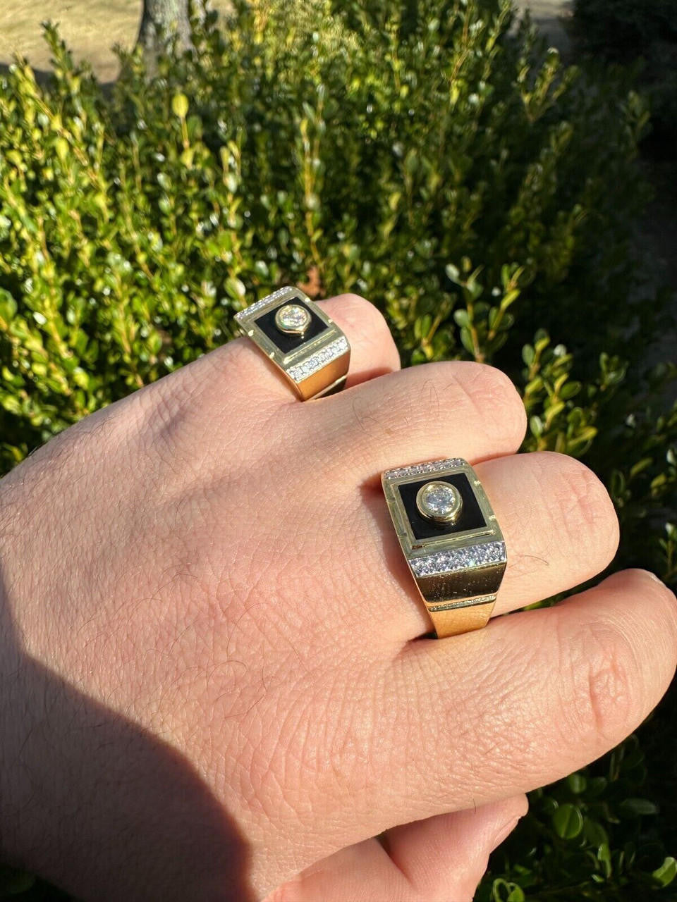 HarlemBling Moissanite Men's 14k Gold Plated 925 Silver Iced Black Onyx Ring Diamond Test 