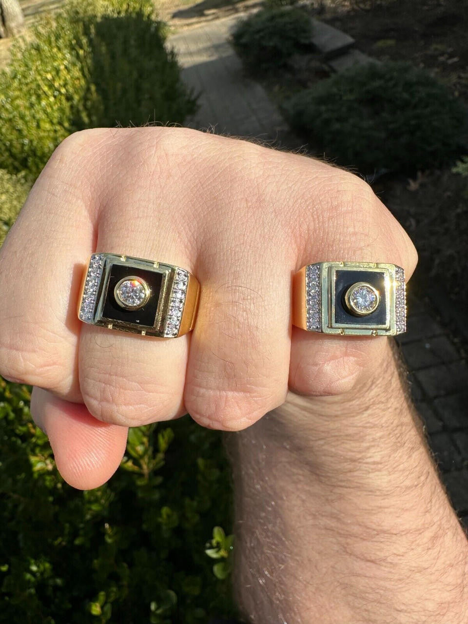 HarlemBling Moissanite Men's 14k Gold Plated 925 Silver Iced Black Onyx Ring Diamond Test 