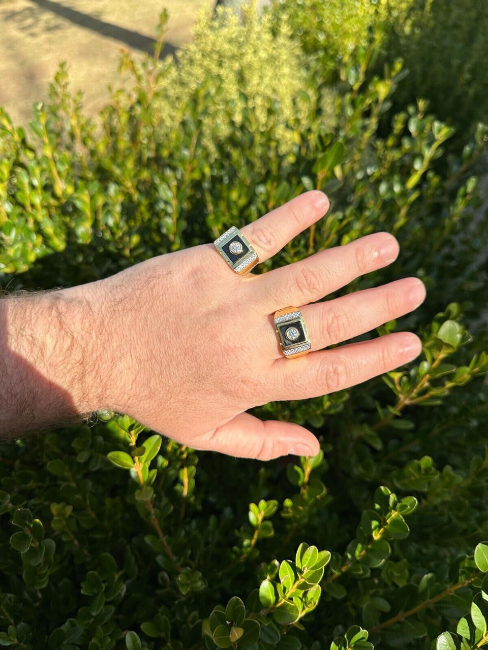 HarlemBling Moissanite Men's 14k Gold Plated 925 Silver Iced Black Onyx Ring Diamond Test 