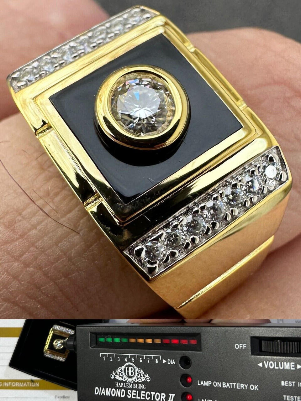 HarlemBling Moissanite Men's 14k Gold Plated 925 Silver Iced Black Onyx Ring Diamond Test 