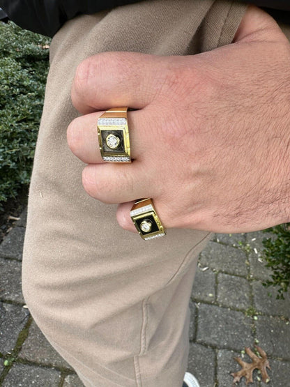 HarlemBling Moissanite Men's 14k Gold Plated 925 Silver Iced Black Onyx Ring Diamond Test 