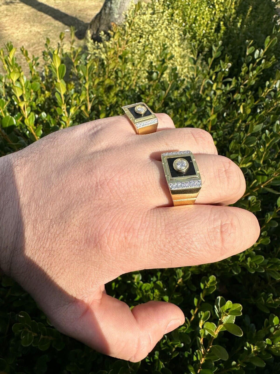 HarlemBling Moissanite Men's 14k Gold Plated 925 Silver Iced Black Onyx Ring Diamond Test 