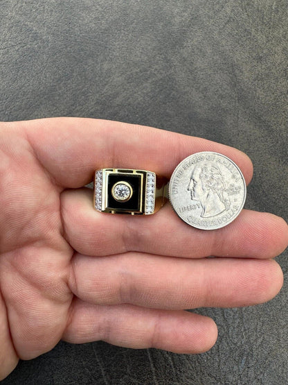 HarlemBling Moissanite Men's 14k Gold Plated 925 Silver Iced Black Onyx Ring Diamond Test 