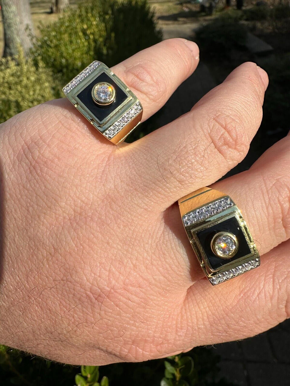 HarlemBling Moissanite Men's 14k Gold Plated 925 Silver Iced Black Onyx Ring Diamond Test 