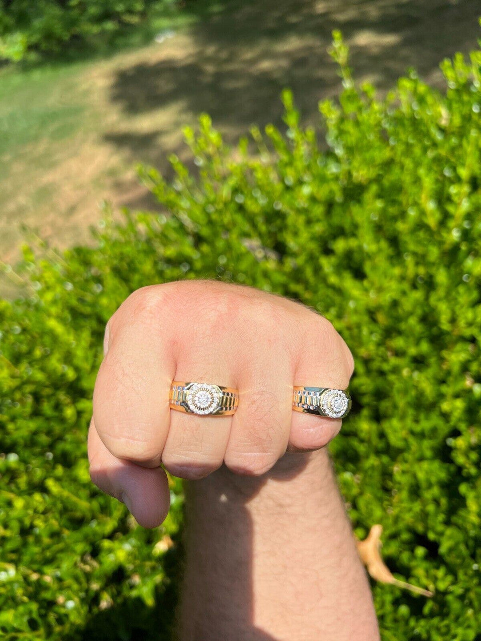 HarlemBling MOISSANITE Mens 14k Gold Plated Real 925 Silver Iced Bling Two Tone Ring Hip Hop