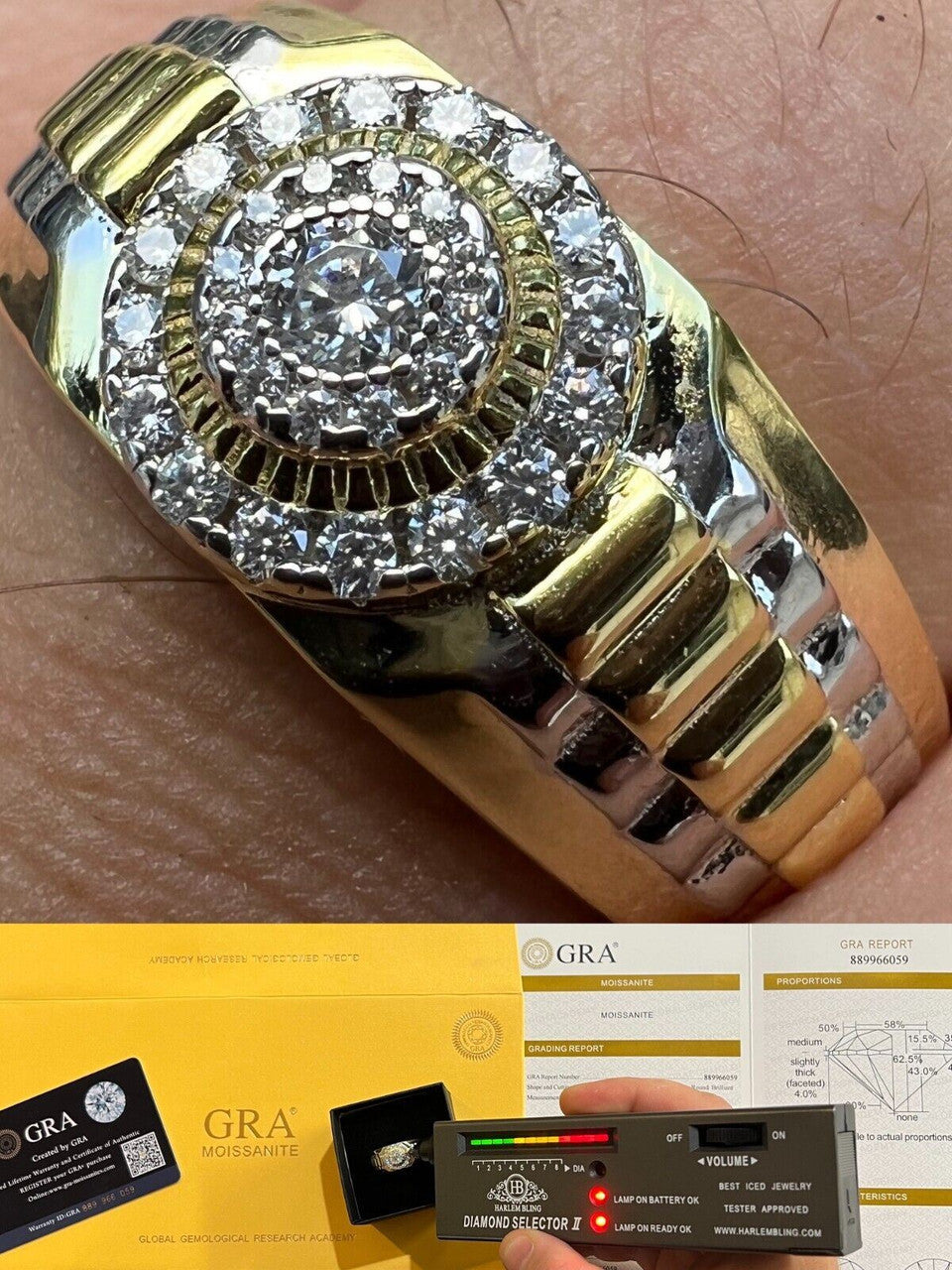 HarlemBling MOISSANITE Mens 14k Gold Plated Real 925 Silver Iced Bling Two Tone Ring Hip Hop