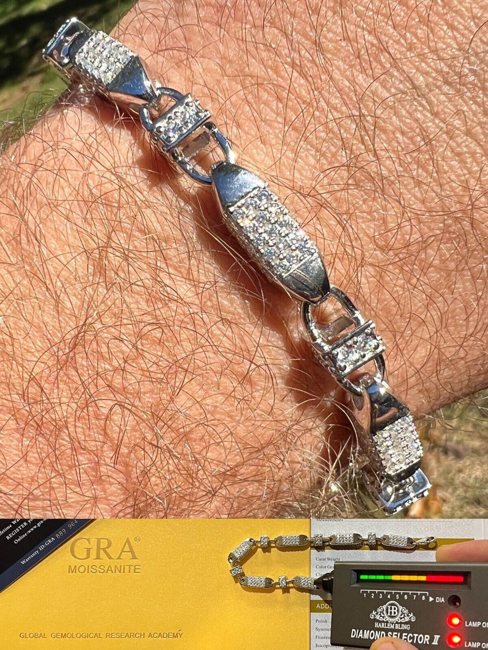 HarlemBling MOISSANITE Mens Bullet Chain Real 925 Silver Iced Flooded Out Hip Hop Bracelet