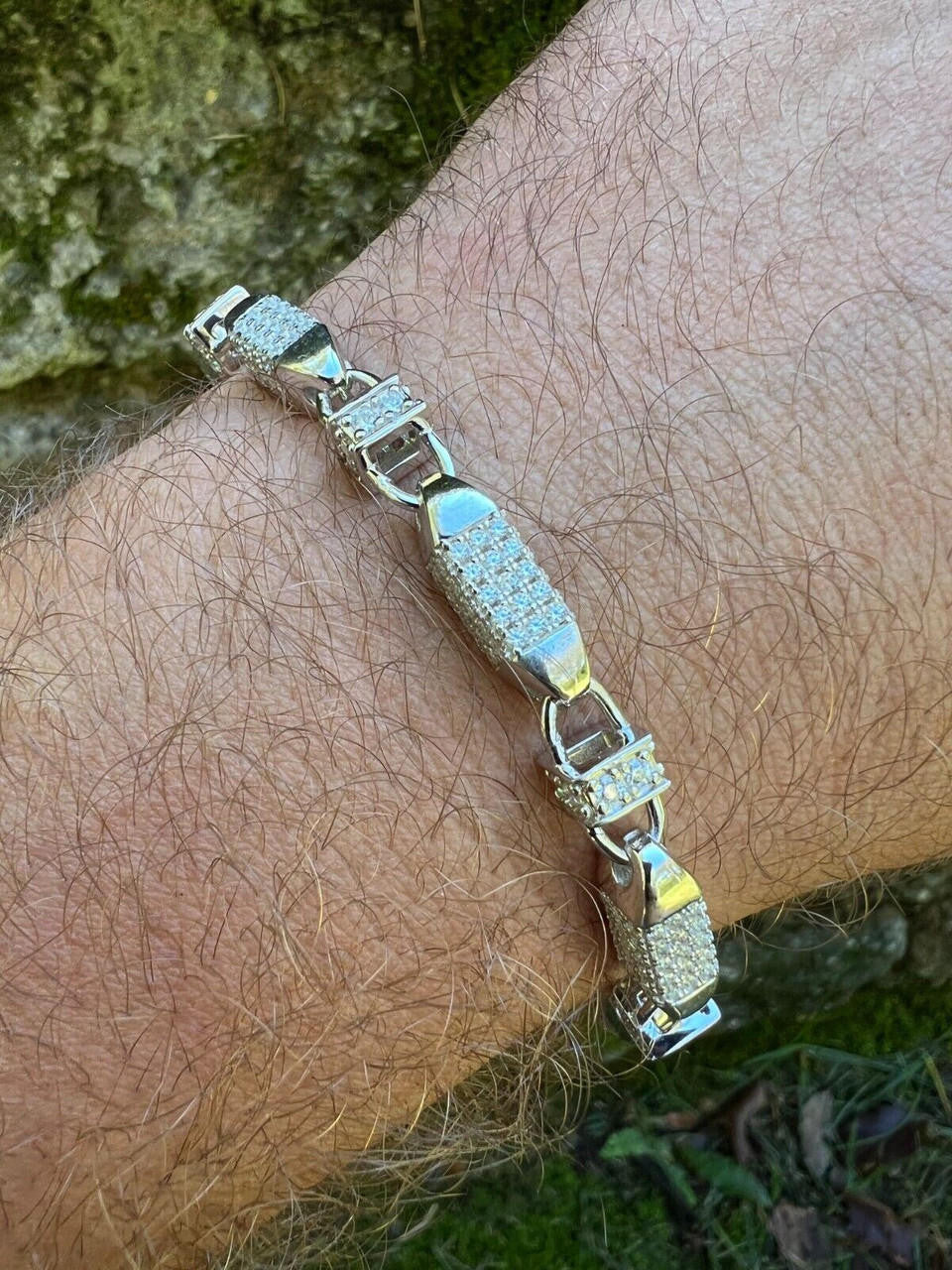 HarlemBling MOISSANITE Mens Bullet Chain Real 925 Silver Iced Flooded Out Hip Hop Bracelet