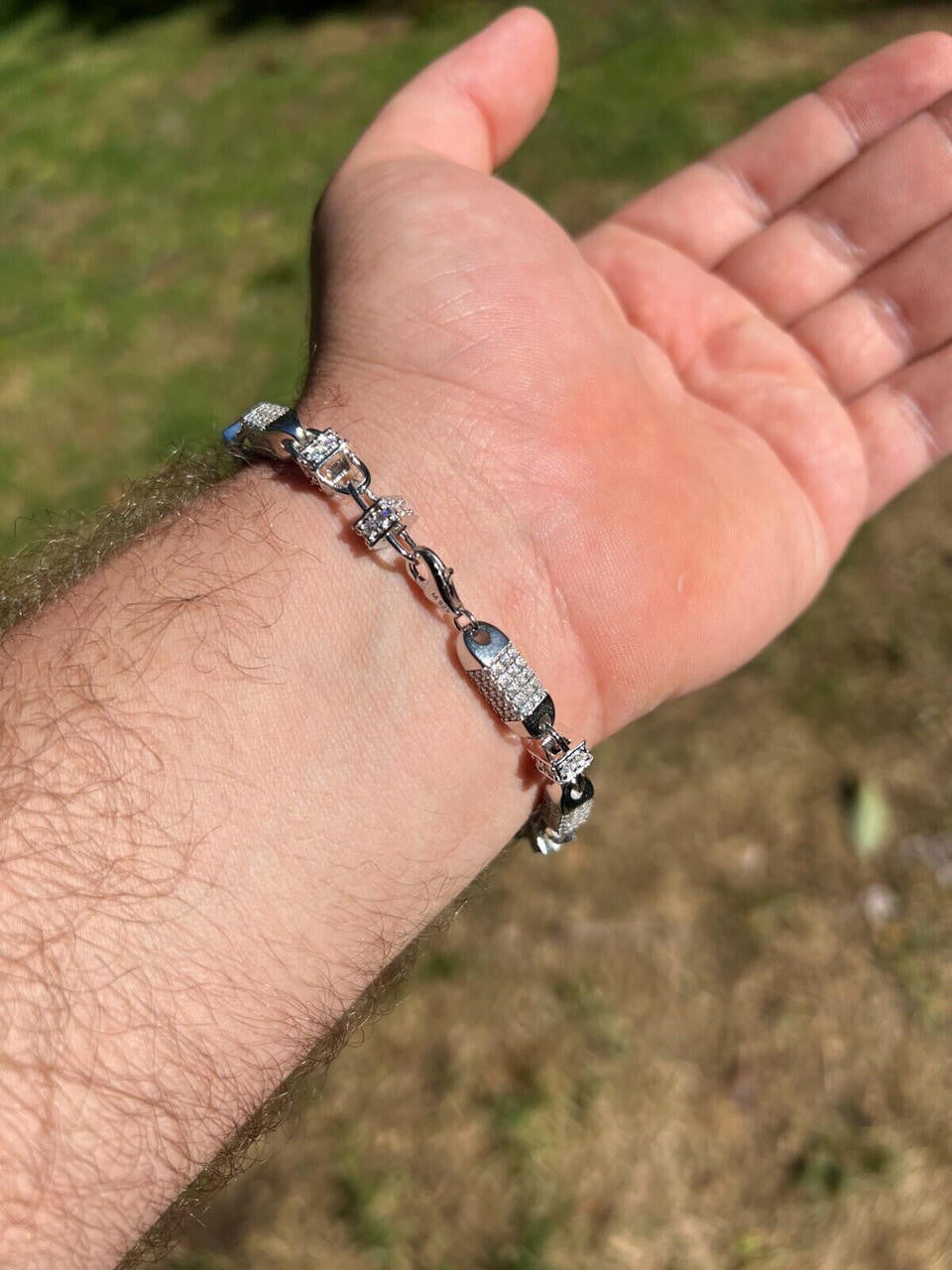 HarlemBling MOISSANITE Mens Bullet Chain Real 925 Silver Iced Flooded Out Hip Hop Bracelet