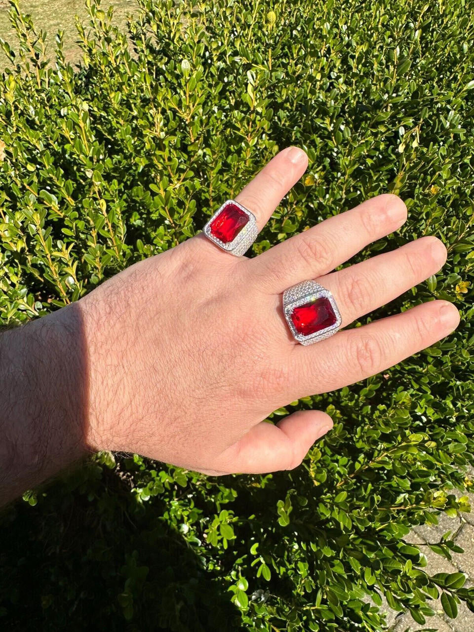 HarlemBling Moissanite Mens Iced Flooded Out Real 925 Sterling Silver Red Stone Hip Hop Ring