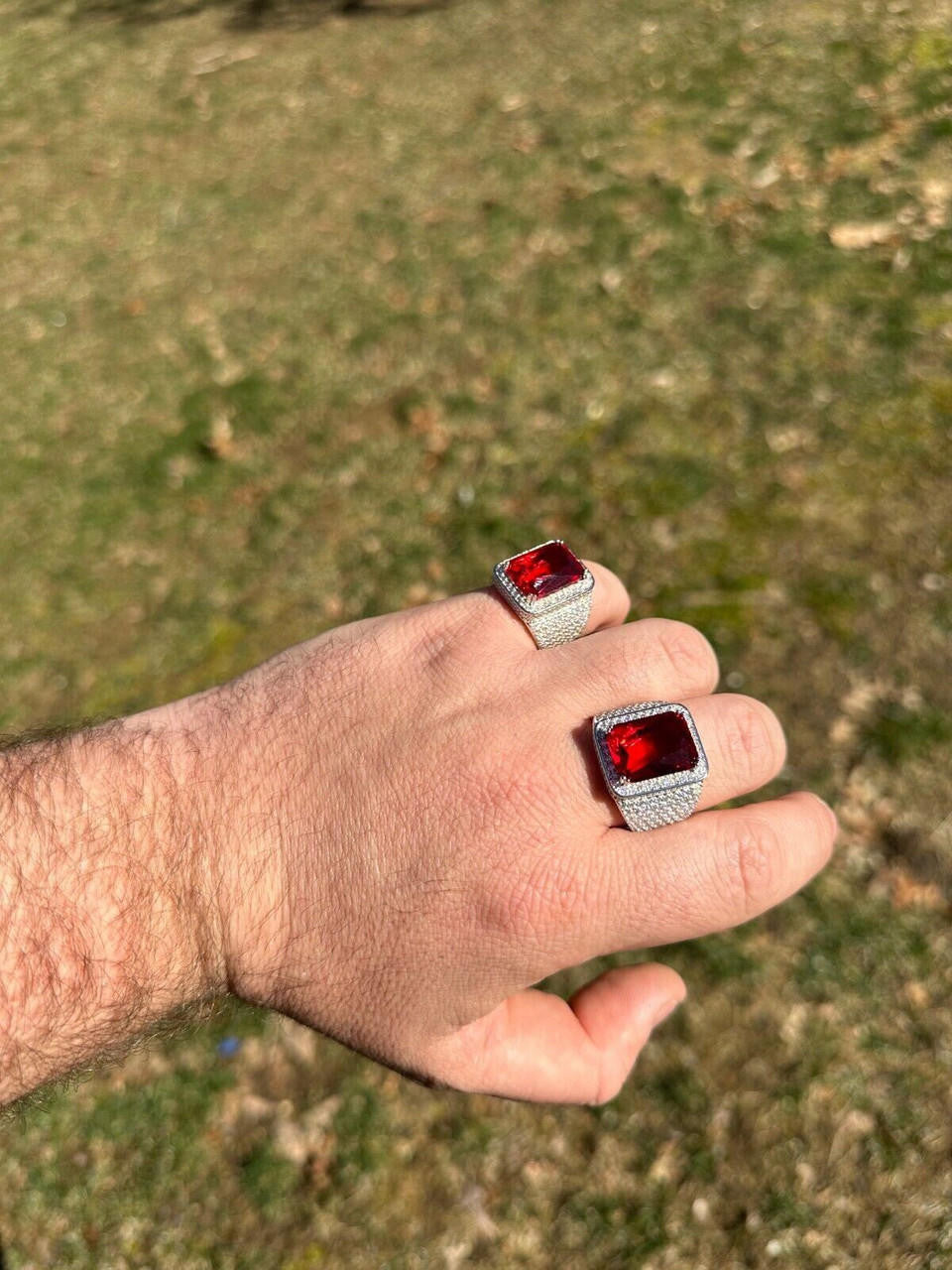 HarlemBling Moissanite Mens Iced Flooded Out Real 925 Sterling Silver Red Stone Hip Hop Ring