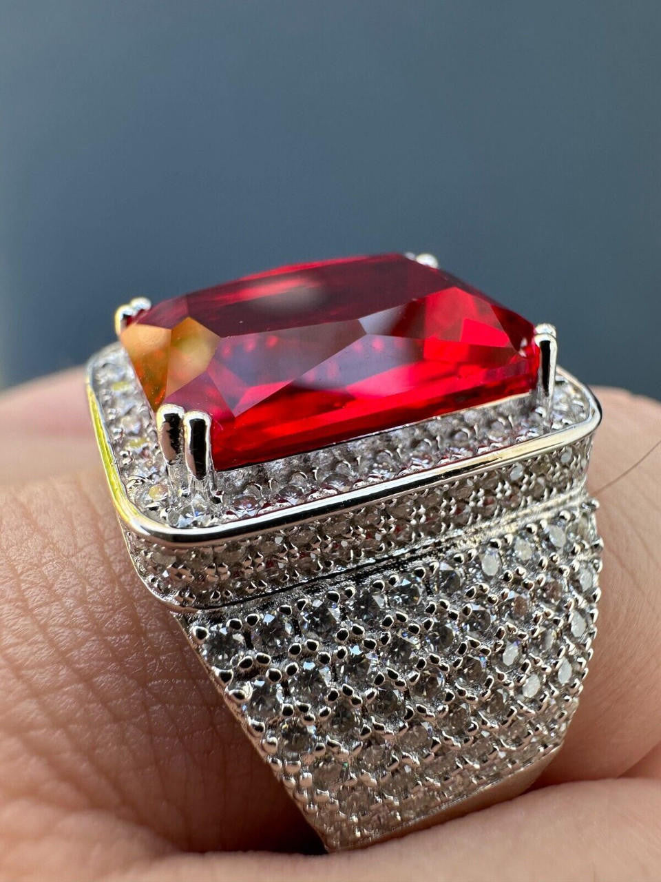 HarlemBling Moissanite Mens Iced Flooded Out Real 925 Sterling Silver Red Stone Hip Hop Ring