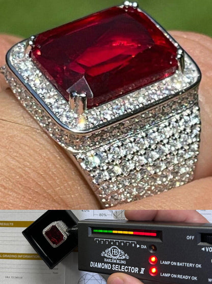 HarlemBling Moissanite Mens Iced Flooded Out Real 925 Sterling Silver Red Stone Hip Hop Ring