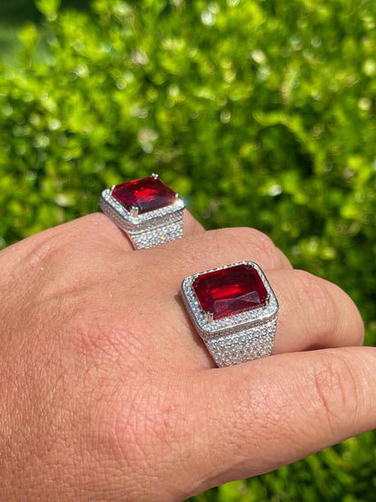 HarlemBling Moissanite Mens Iced Flooded Out Real 925 Sterling Silver Red Stone Hip Hop Ring