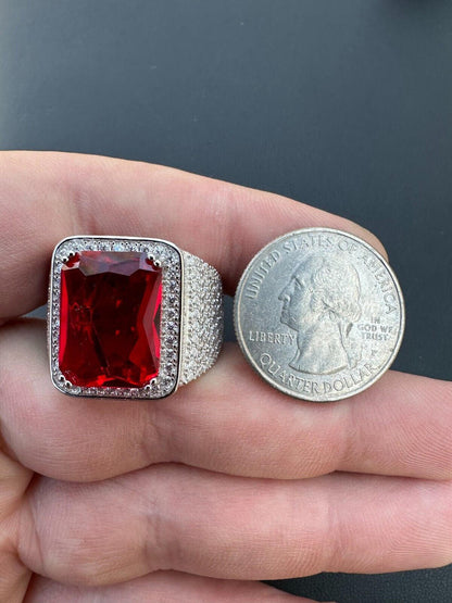 HarlemBling Moissanite Mens Iced Flooded Out Real 925 Sterling Silver Red Stone Hip Hop Ring