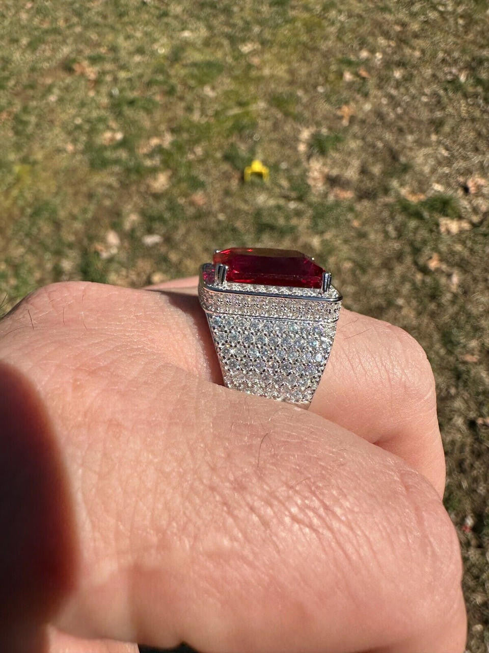 HarlemBling Moissanite Mens Iced Flooded Out Real 925 Sterling Silver Red Stone Hip Hop Ring