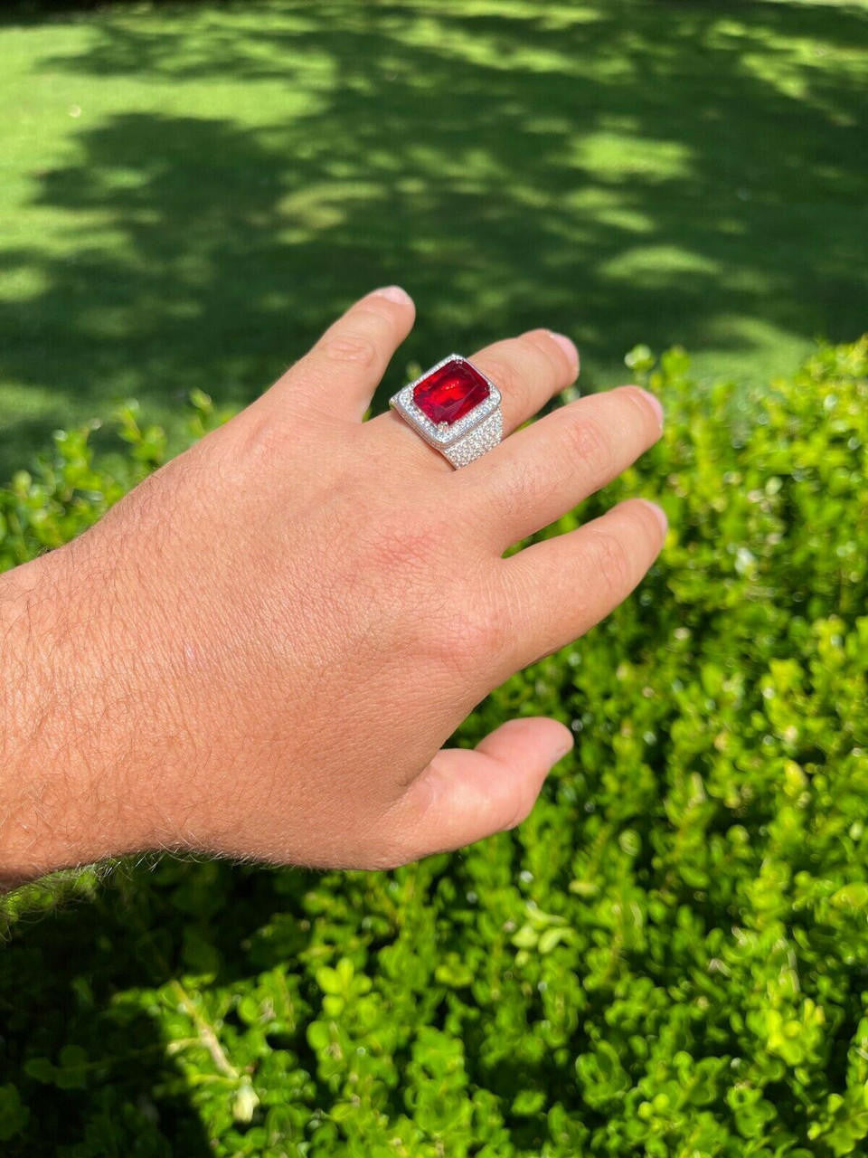 HarlemBling Moissanite Mens Iced Flooded Out Real 925 Sterling Silver Red Stone Hip Hop Ring