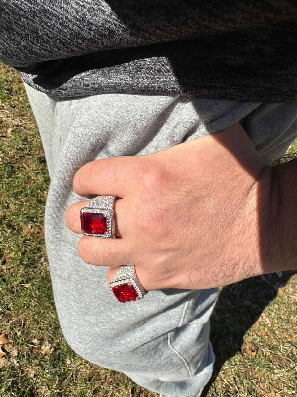 HarlemBling Moissanite Mens Iced Flooded Out Real 925 Sterling Silver Red Stone Hip Hop Ring