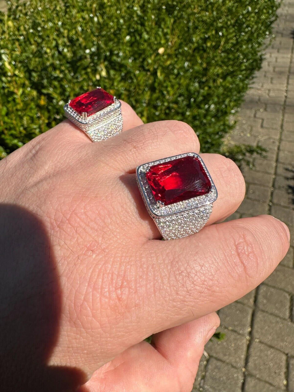 HarlemBling Moissanite Mens Iced Flooded Out Real 925 Sterling Silver Red Stone Hip Hop Ring