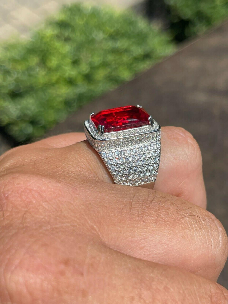 HarlemBling Moissanite Mens Iced Flooded Out Real 925 Sterling Silver Red Stone Hip Hop Ring