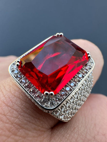 HarlemBling Moissanite Mens Iced Flooded Out Real 925 Sterling Silver Red Stone Hip Hop Ring