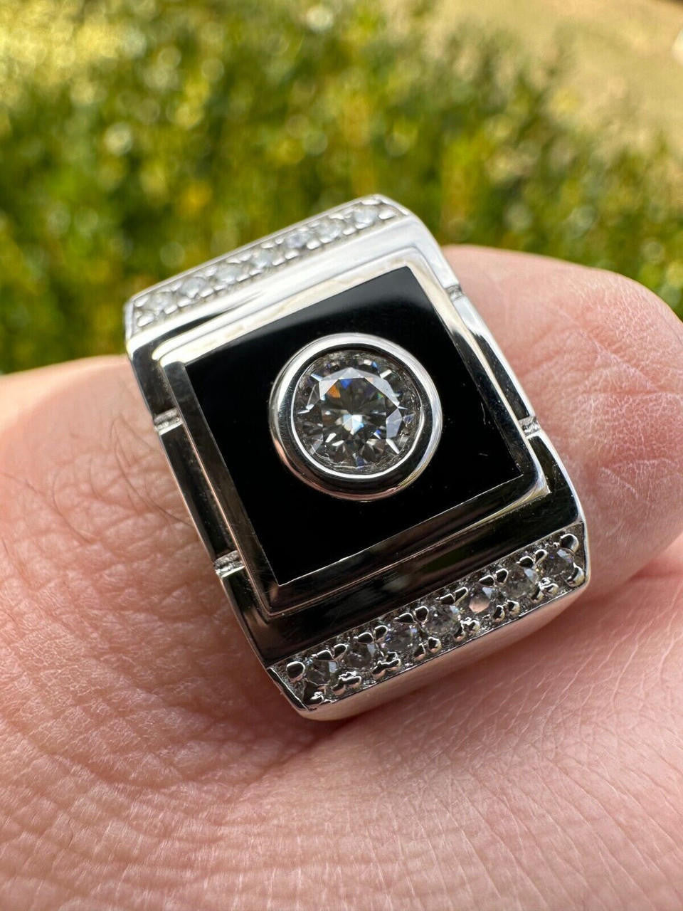 HarlemBling Moissanite Men's Real 925 Silver Iced Black Onyx Stone Ring Pass Diamond Tester