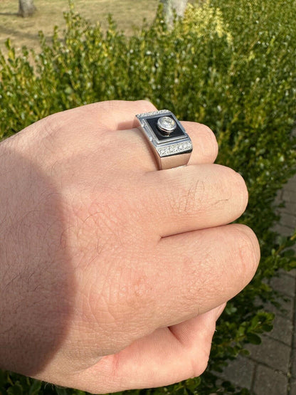 HarlemBling Moissanite Men's Real 925 Silver Iced Black Onyx Stone Ring Pass Diamond Tester