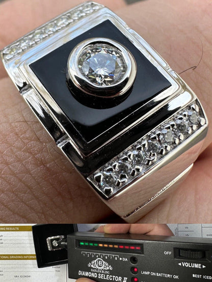 HarlemBling Moissanite Men's Real 925 Silver Iced Black Onyx Stone Ring Pass Diamond Tester