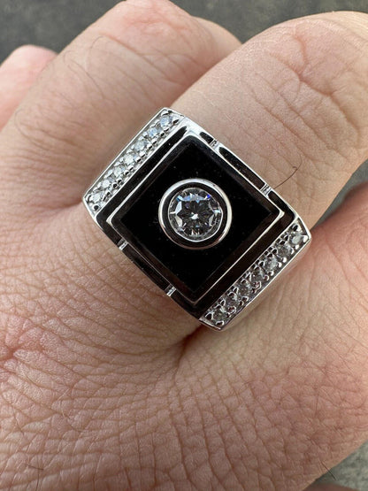 HarlemBling Moissanite Men's Real 925 Silver Iced Black Onyx Stone Ring Pass Diamond Tester