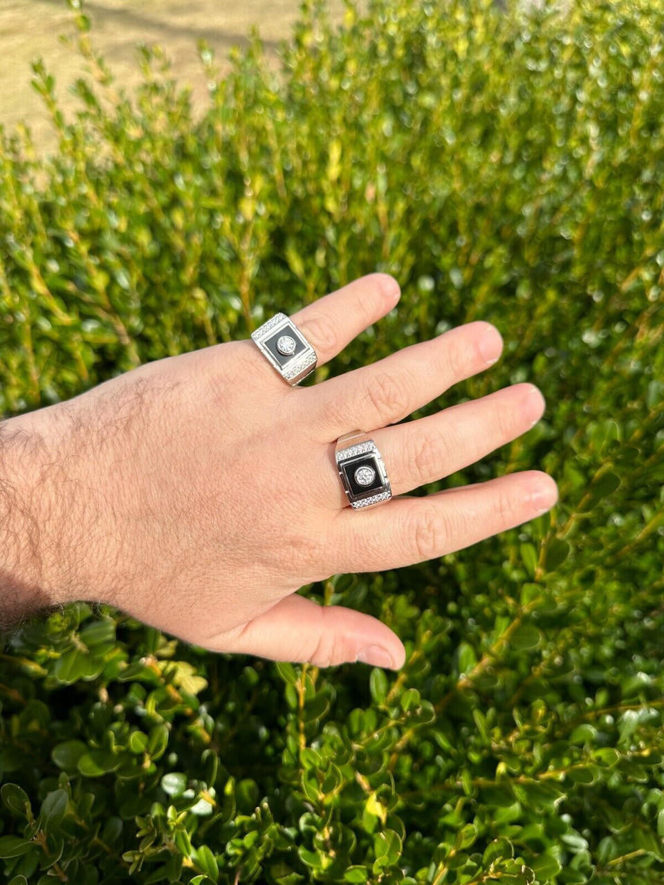 HarlemBling Moissanite Men's Real 925 Silver Iced Black Onyx Stone Ring Pass Diamond Tester