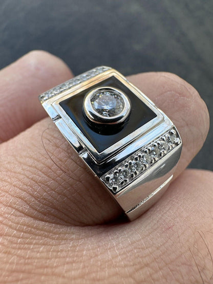 HarlemBling Moissanite Men's Real 925 Silver Iced Black Onyx Stone Ring Pass Diamond Tester