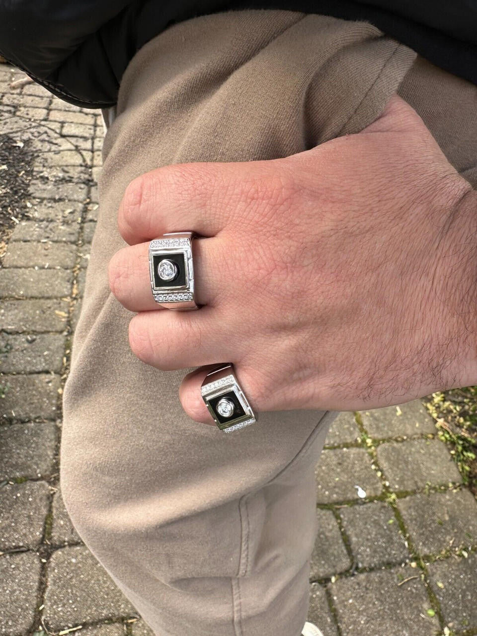 HarlemBling Moissanite Men's Real 925 Silver Iced Black Onyx Stone Ring Pass Diamond Tester