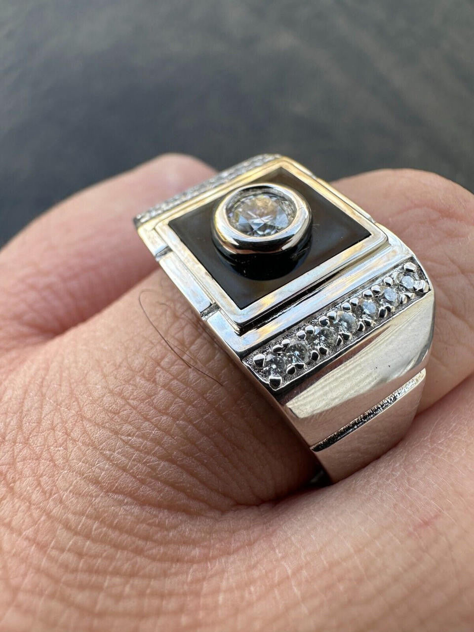 HarlemBling Moissanite Men's Real 925 Silver Iced Black Onyx Stone Ring Pass Diamond Tester