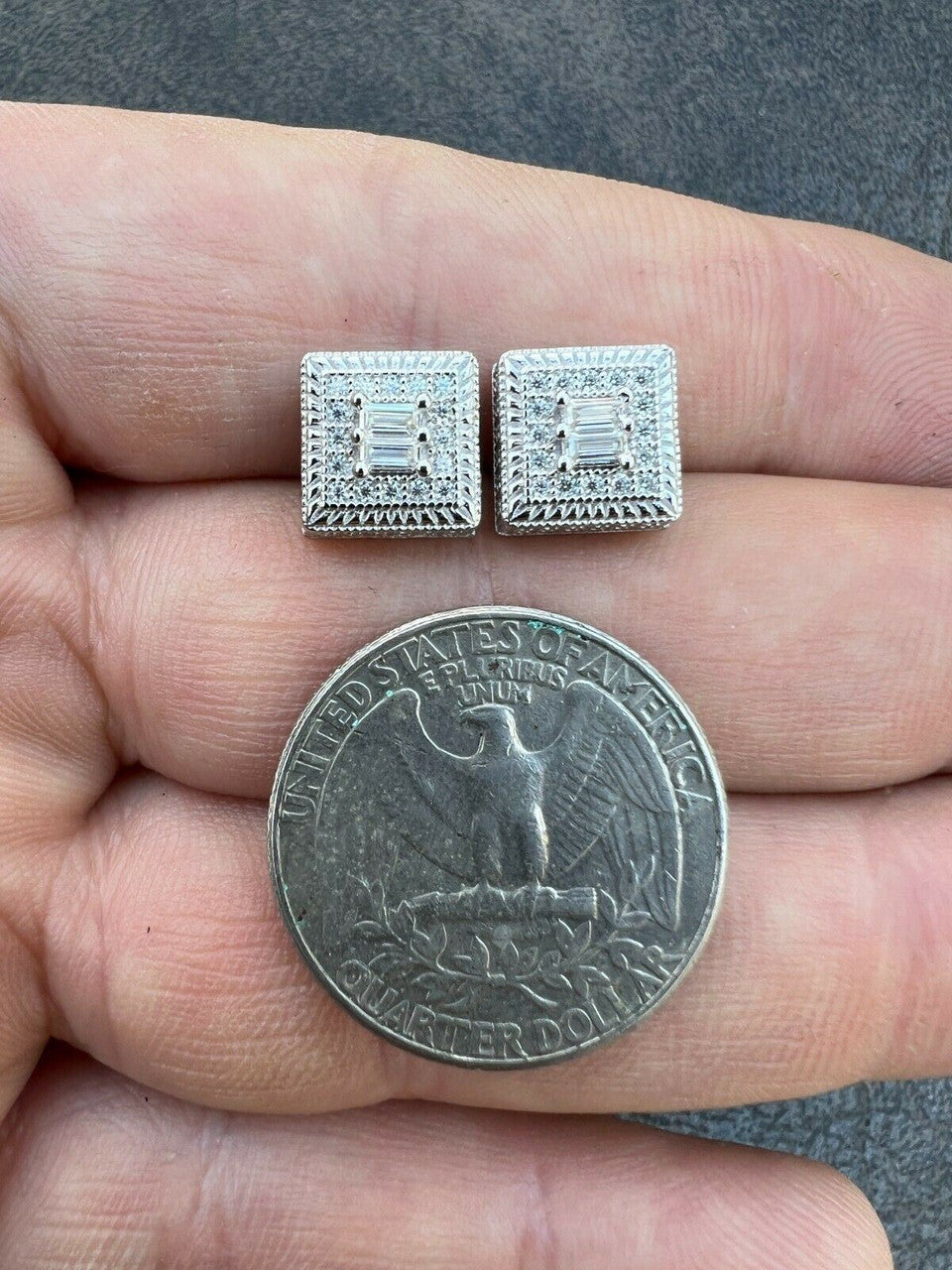 HarlemBling MOISSANITE Mens Silver Hip Hop Earrings Square Baguette Studs Pass Diamond Test