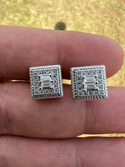 HarlemBling MOISSANITE Mens Silver Hip Hop Earrings Square Baguette Studs Pass Diamond Test