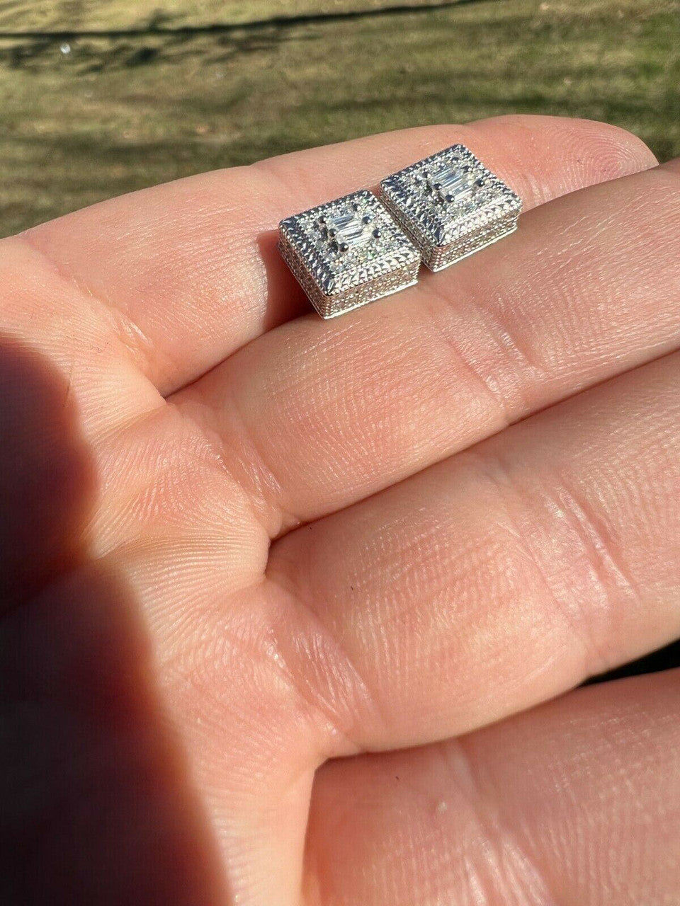 HarlemBling MOISSANITE Mens Silver Hip Hop Earrings Square Baguette Studs Pass Diamond Test