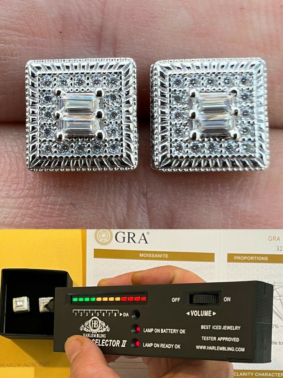 HarlemBling MOISSANITE Mens Silver Hip Hop Earrings Square Baguette Studs Pass Diamond Test