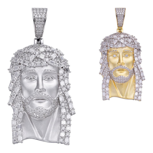 HarlemBling MOISSANITE Miami Iced Out Baguette Jesus Pendant - Sandblasted Matte Finish 14k Yellow Gold Vermeil Or 925 Silver - Medium 2"