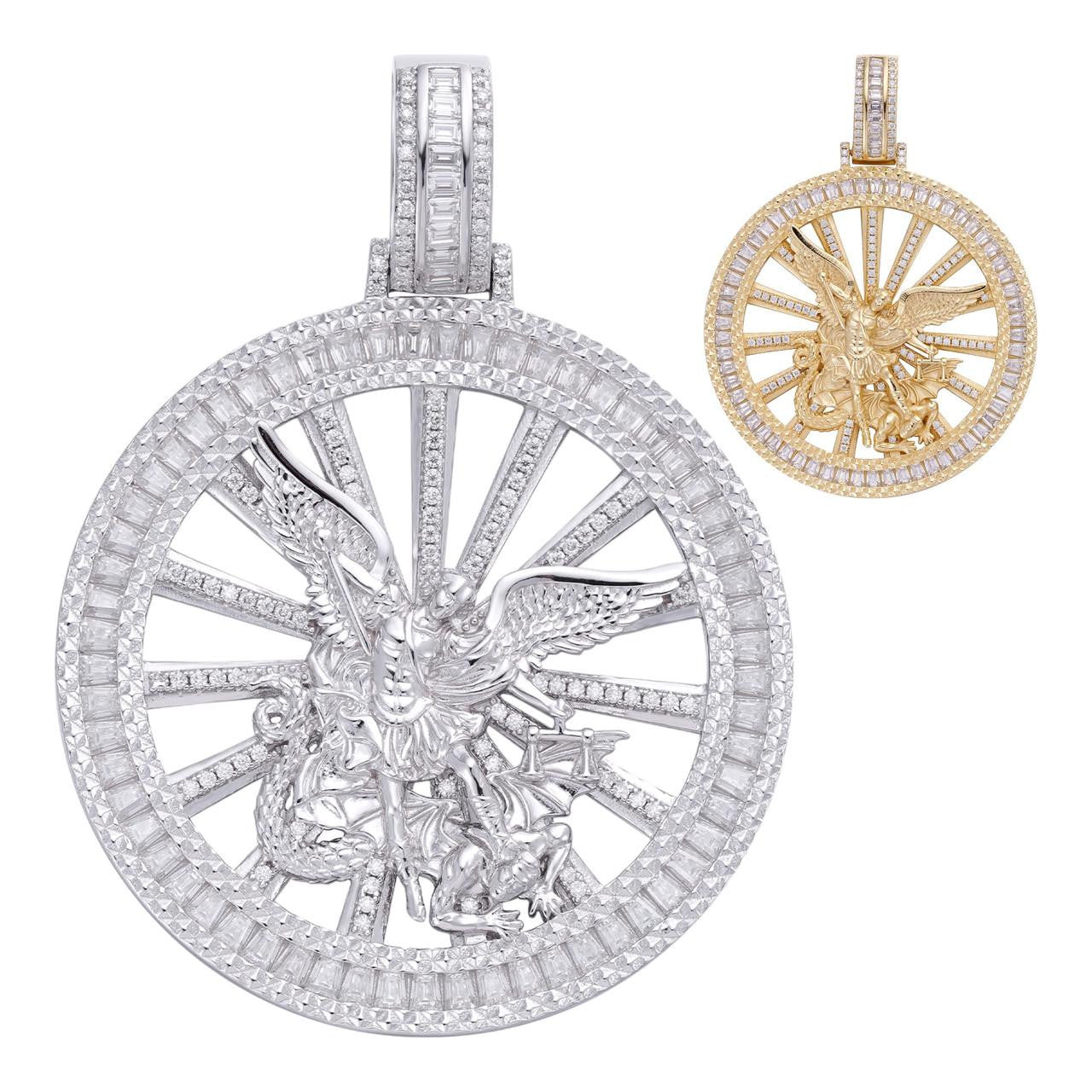 HarlemBling MOISSANITE Michael Archangel Iced Baguette Medallion Pendant - 14k Yellow Gold Vermeil Or 925 Silver - Medium 2.25"