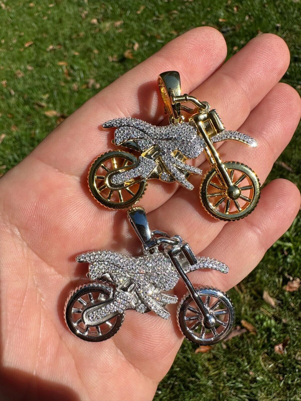 MOISSANITE Motorcycle Dirt Bike Pendant Real 925 Silver / Gold