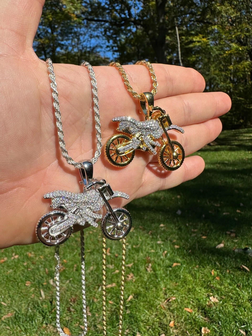 MOISSANITE Motorcycle Dirt Bike Pendant Real 925 Silver / Gold
