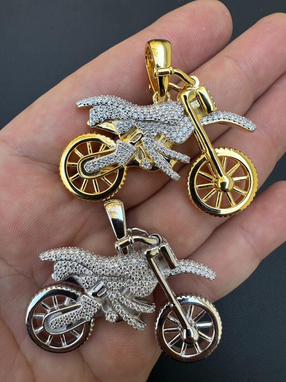 MOISSANITE Motorcycle Dirt Bike Pendant Real 925 Silver / Gold