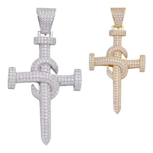 HarlemBling MOISSANITE Nail Cross Pendant - 14k Gold Vermeil Or 925 Silver - Medium 2.25"