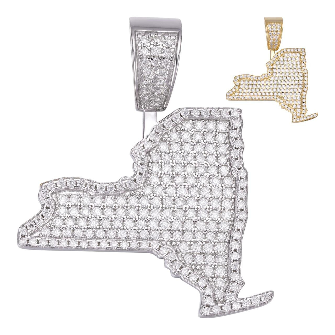 HarlemBling MOISSANITE New York State Shape Iced Out Pendant - 14k Gold Vermeil or 925 Silver - Small 1.5"