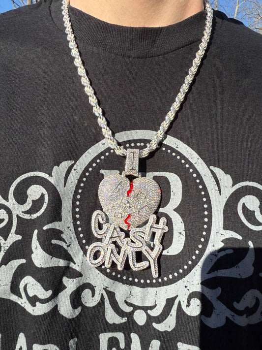 HarlemBling MOISSANITE No Love Broken Heart "CASH ONLY" Hip Hop Pendant - 14k Gold Vermeil Or 925 Silver - Large 3"